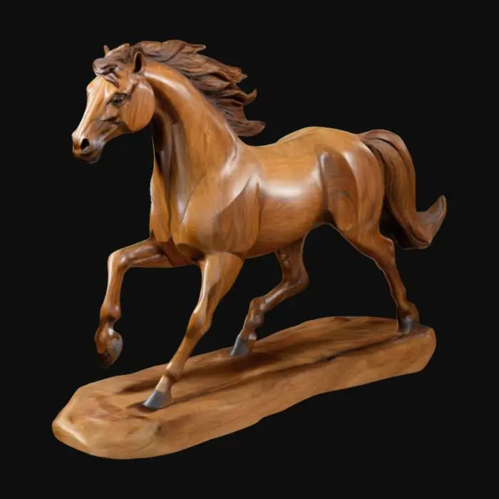 3D model for Stylized wood sculpture of a galloping horse with flowing mane and defined muscles, rendered in smooth carved lines and natural wood textures.