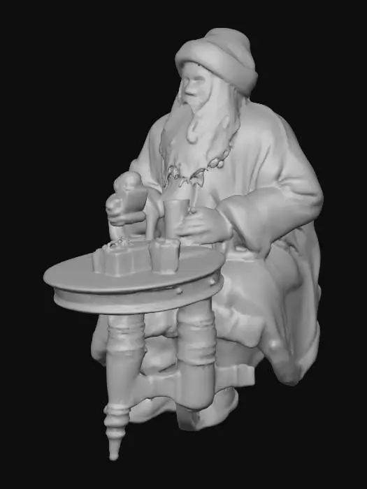 3D model for дед мороз сидить за столом  есть печенье с молоком улыбается рядом мешок подарки и елка, #Christmas2025#