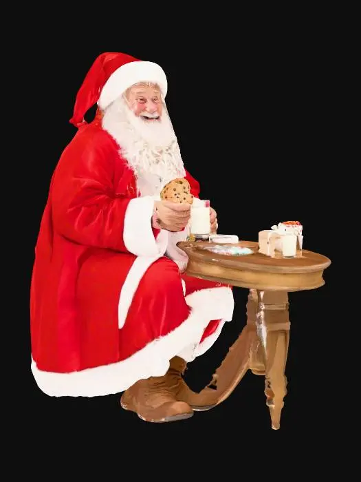3D model for дед мороз сидить за столом  есть печенье с молоком улыбается рядом мешок подарки и елка, #Christmas2025#