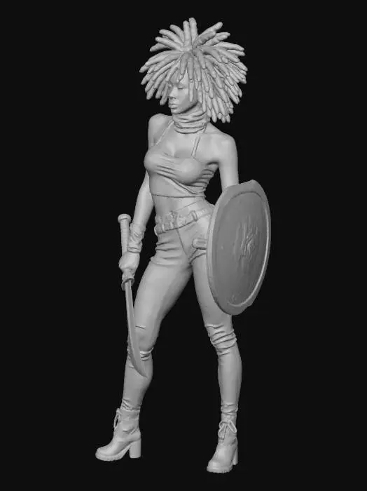 3D model for Victoria Hilless is an 18 year old female human cleric.
standing in an action pose, holding a mace and sheild.
She has afro hair and brown eyes.

She has smooth brown skin.

She stands 140cm (4'7") tall and has a regular build