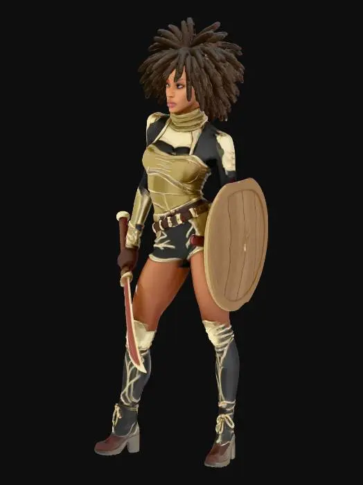 3D model for Victoria Hilless is an 18 year old female human cleric.
standing in an action pose, holding a mace and sheild.
She has afro hair and brown eyes.

She has smooth brown skin.

She stands 140cm (4'7") tall and has a regular build