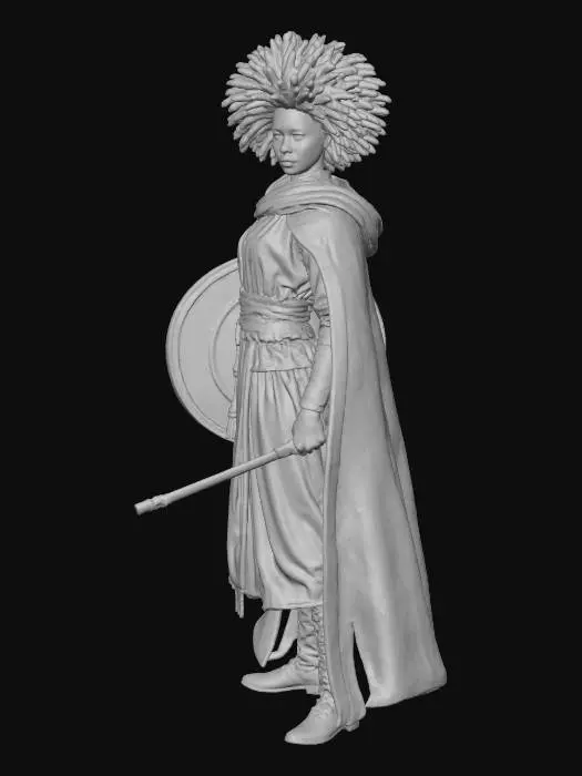 3D model for Victoria Hilless is an 18 year old female human cleric.
standing in an action pose, holding a mace and sheild.
She has afro hair and brown eyes.

high fantasy styling, she is dressed in a monk's robes with long cape.
She has smooth brown skin.

She stands 140cm (4'7") tall and has a regular build