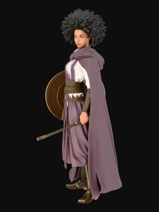 3D model for Victoria Hilless is an 18 year old female human cleric.
standing in an action pose, holding a mace and sheild.
She has afro hair and brown eyes.

high fantasy styling, she is dressed in a monk's robes with long cape.
She has smooth brown skin.

She stands 140cm (4'7") tall and has a regular build