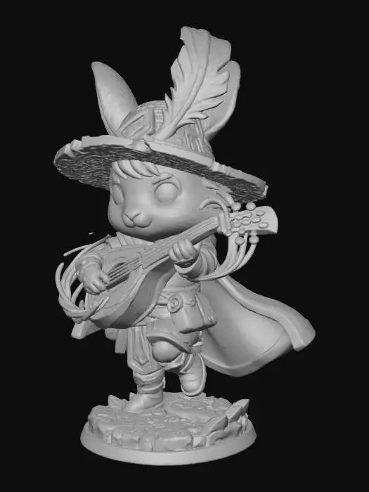 3D model for A 3D image of a chibi-style male rabbit adventurer, heroic fantasy pose, detailed stylized attire, white fur, strae hat, blue feather in hat, bard, holding lute, ,big expressive eyes, small mouth, thick and bold details, vibrant yet color palette, optimized for 3D printing, highly detailed stylized textures. action pose, in magical battle.