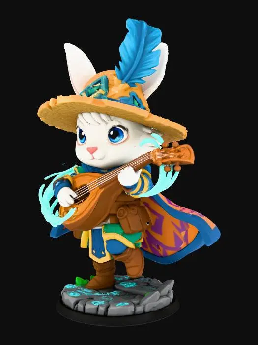 3D model for A 3D image of a chibi-style male rabbit adventurer, heroic fantasy pose, detailed stylized attire, white fur, strae hat, blue feather in hat, bard, holding lute, ,big expressive eyes, small mouth, thick and bold details, vibrant yet color palette, optimized for 3D printing, highly detailed stylized textures. action pose, in magical battle.