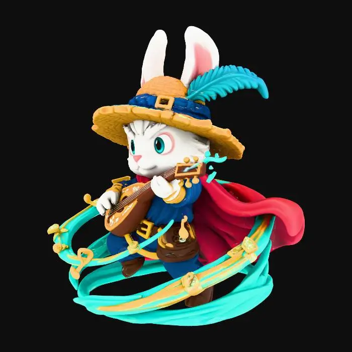3D model for A 3D image of a chibi-style male rabbit adventurer, heroic fantasy pose, detailed stylized attire, white fur, strae hat, blue feather in hat, bard, holding lute, ,big expressive eyes, small mouth, thick and bold details, vibrant yet color palette, optimized for 3D printing, highly detailed stylized textures. action pose, in magical battle.