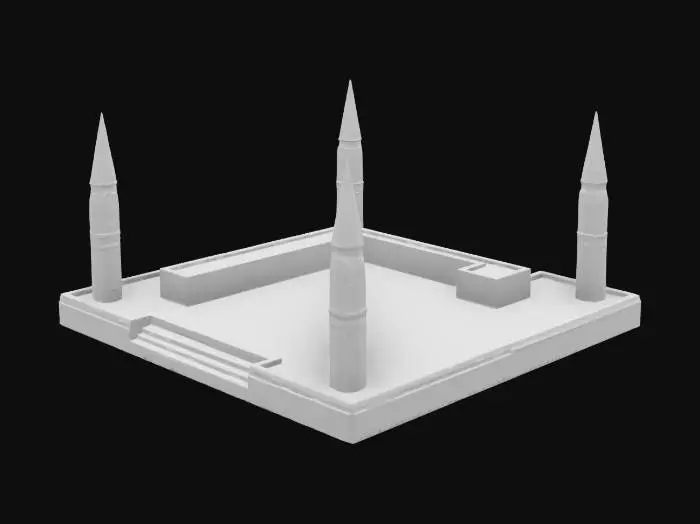 3D model for Big Roblox battlegrounds arena
The arena features a large, flat, and rectangular platform with a smooth texture, bordered by four tall, pointed spires at each corner, set in a vast natural landscape.