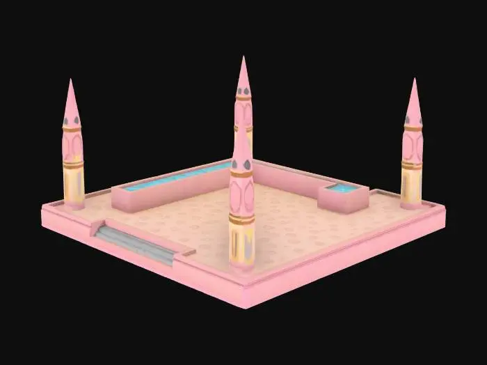 3D model for Big Roblox battlegrounds arena
The arena features a large, flat, and rectangular platform with a smooth texture, bordered by four tall, pointed spires at each corner, set in a vast natural landscape.