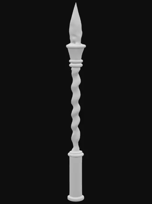 3D model for a wizards magic wand on a solid color background, mystical, nature, esoteric. twisted wood. wide metal handle grip with crystal tip.