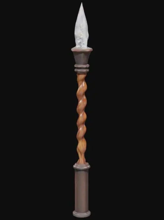 3D model for a wizards magic wand on a solid color background, mystical, nature, esoteric. twisted wood. wide metal handle grip with crystal tip.