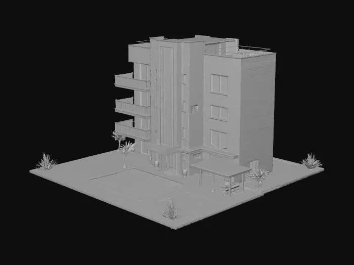 3D model for Modern 5-story residential building, white brick and pre-cast concrete facade, central glass elevator shaft, symmetric balconies with black metal railings. Ground floor with an elegant lobby entrance and a lush front garden, no front parking. Back area features a private leisure zone with a small modern plunge pool and a detached enclosed BBQ pavilion with acoustic glass. Covered parking area at the rear and side, accessed via a paved side street. Secured by a medium-height perimeter wall with discrete electric fence. Cinematic 8k architectural visualization, ultra-realistic, photo-realistic, PBR materials, Octane render, sunny day lighting, highly detailed textures.
