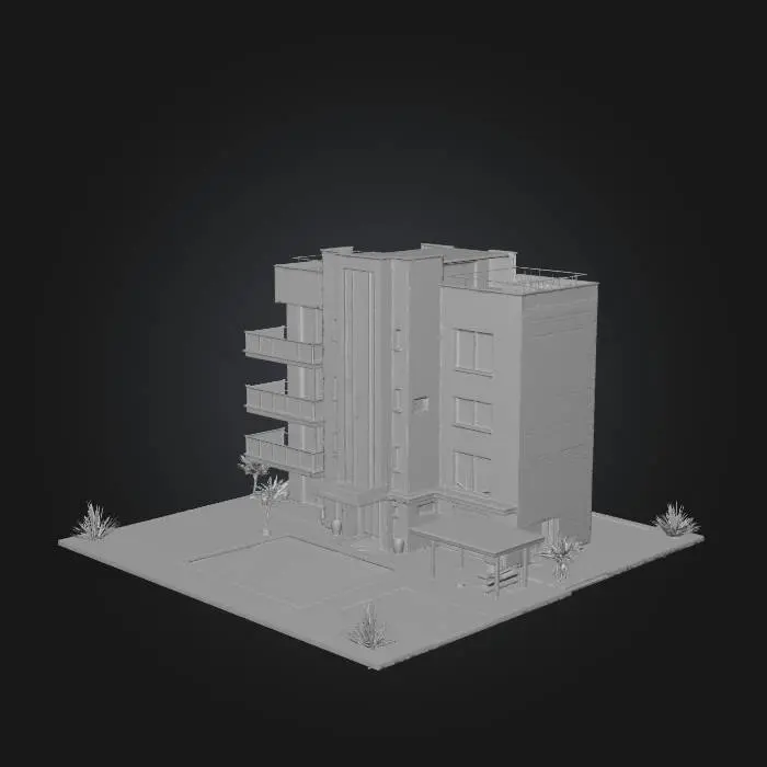 3D model for Modern 5-story residential building, white brick and pre-cast concrete facade, central glass elevator shaft, symmetric balconies with black metal railings. Ground floor with an elegant lobby entrance and a lush front garden, no front parking. Back area features a private leisure zone with a small modern plunge pool and a detached enclosed BBQ pavilion with acoustic glass. Covered parking area at the rear and side, accessed via a paved side street. Secured by a medium-height perimeter wall with discrete electric fence. Cinematic 8k architectural visualization, ultra-realistic, photo-realistic, PBR materials, Octane render, sunny day lighting, highly detailed textures.