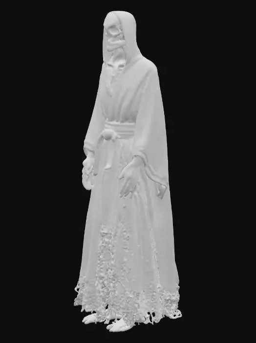 3D model for A face that looked like it had been crafted from dried, weatherworn bone, its skin either forgotten or discarded, a lipless mouth and too-long teeth held by blackened gums, slitted holes for nostrils, and eyes … eyes that were nothing more than swirling pits of milky white—the white of death, the white of sickness, the white of clean-picked corpses.
Peeking above the ragged neck of its dark robes was a body of veins and bones, as dried and solid and horrific as the texture of its face. It let go of the snare, and its too-long fingers clicked against each other as it studied me.