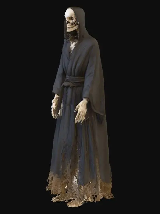 3D model for A face that looked like it had been crafted from dried, weatherworn bone, its skin either forgotten or discarded, a lipless mouth and too-long teeth held by blackened gums, slitted holes for nostrils, and eyes … eyes that were nothing more than swirling pits of milky white—the white of death, the white of sickness, the white of clean-picked corpses.
Peeking above the ragged neck of its dark robes was a body of veins and bones, as dried and solid and horrific as the texture of its face. It let go of the snare, and its too-long fingers clicked against each other as it studied me.