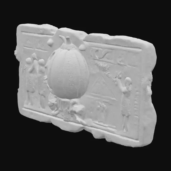 3D model for A cracked, rectangular ancient Egyptian-style stone tablet, worn with visible dust, erosion, and moss in its fissures. Its surface is etched with mysterious glyphs, pyramids, and stars. A large onion is carved in bas-relief at its center, featuring layered rings and a glowing golden teardrop core. Surrounding the onion are small bas-relief humanoid figures with raised hands, adorned in robes and headdresses. The tablet's edges contain embedded metallic fragments, and it has a matte finish.