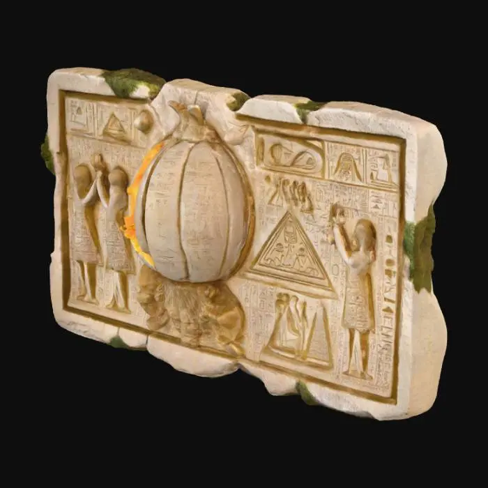 3D model for A cracked, rectangular ancient Egyptian-style stone tablet, worn with visible dust, erosion, and moss in its fissures. Its surface is etched with mysterious glyphs, pyramids, and stars. A large onion is carved in bas-relief at its center, featuring layered rings and a glowing golden teardrop core. Surrounding the onion are small bas-relief humanoid figures with raised hands, adorned in robes and headdresses. The tablet's edges contain embedded metallic fragments, and it has a matte finish.