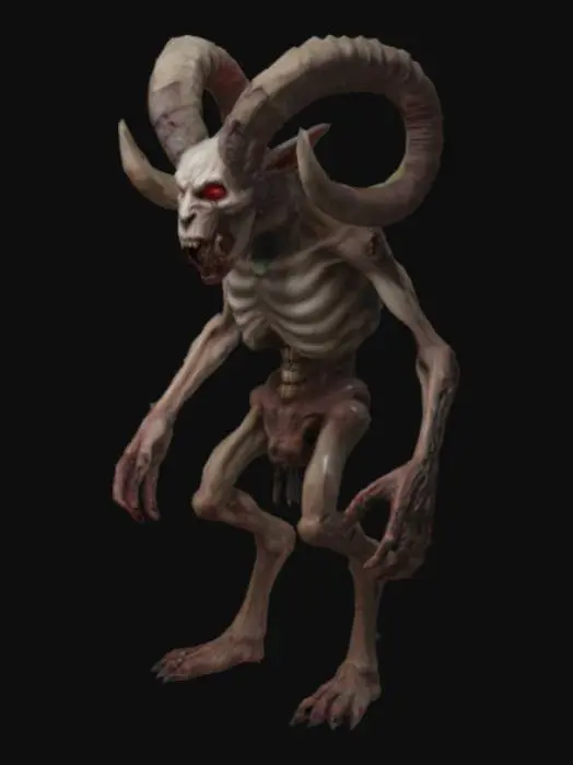 3D model for The Goatman stands tall, a grotesque fusion of man and beast. Its pale, leathery skin stretches over a skeletal frame, pulsing with black veins. A disturbingly long, gaping mouth splits its face wide, filled with jagged, rotting teeth. One eye glows a deep, hellish red, the other a hollow, sunken void. Twisted ram horns curl outward, while tall, moss-covered deer antlers rise behind. Sparse, scabbed fur clings to its neck and limbs. Its hooved feet have human toes, and its presence reeks of decay.