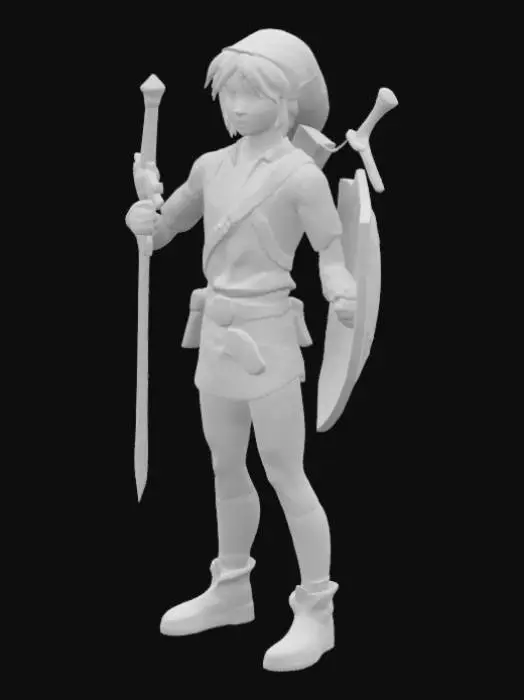 3D model for Legend of Zelda Link Holding a master sword into the air with hyrulian shield and great eagle bow on his back. He is wearing his traditional blue shirt