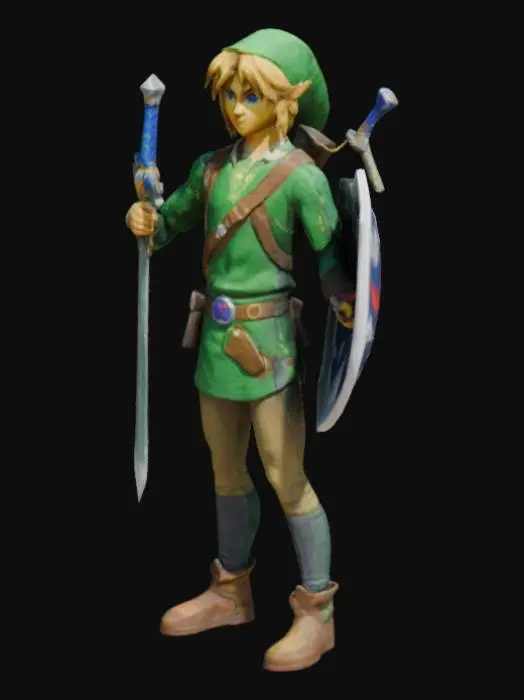 3D model for Legend of Zelda Link Holding a master sword into the air with hyrulian shield and great eagle bow on his back. He is wearing his traditional blue shirt
