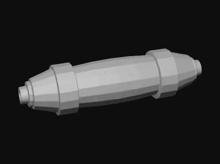 3D model for A sleek, futuristic SciFi fuse, featuring a transparent, reinforced cylindrical casing that encases a pulsating, glowing blue energy core. Its metallic ends are intricately engraved with circuit patterns and possess a brushed, cool-to-the-touch texture. The structure combines robust utility with advanced aesthetics, highlighted by subtle ventilation fins and polished, high-conductivity contacts.
