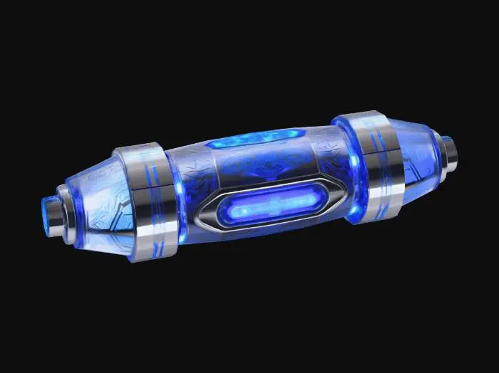 3D model for A sleek, futuristic SciFi fuse, featuring a transparent, reinforced cylindrical casing that encases a pulsating, glowing blue energy core. Its metallic ends are intricately engraved with circuit patterns and possess a brushed, cool-to-the-touch texture. The structure combines robust utility with advanced aesthetics, highlighted by subtle ventilation fins and polished, high-conductivity contacts.