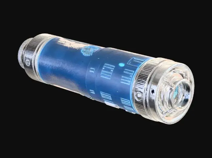3D model for A sleek, futuristic SciFi fuse, featuring a transparent, reinforced cylindrical casing that encases a pulsating, glowing blue energy core. Its metallic ends are intricately engraved with circuit patterns and possess a brushed, cool-to-the-touch texture. The structure combines robust utility with advanced aesthetics, highlighted by subtle ventilation fins and polished, high-conductivity contacts.