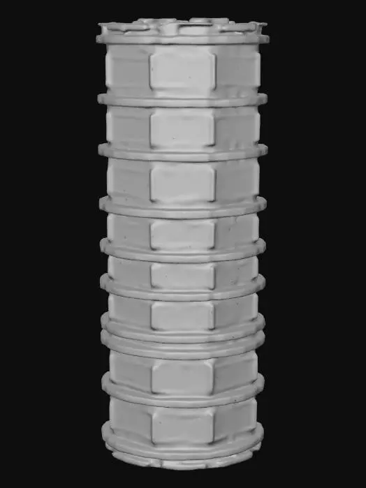 3D model for A high-fidelity, standalone slim, tall, cylindrical Sci-Fi data core. Its advanced design features stacked circular modular sections, intricate hexagonal plating, and interlocking brushed titanium panels. Recessed glowing blue cooling vents and internal fiber optic bundles are visible through segmented reinforced glass. Circular rotating outer rings wrap the main body, exuding a sleek, clinical futuristic aesthetic with photorealistic detail.