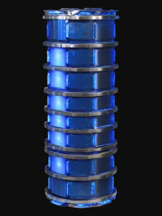 3D model for A high-fidelity, standalone slim, tall, cylindrical Sci-Fi data core. Its advanced design features stacked circular modular sections, intricate hexagonal plating, and interlocking brushed titanium panels. Recessed glowing blue cooling vents and internal fiber optic bundles are visible through segmented reinforced glass. Circular rotating outer rings wrap the main body, exuding a sleek, clinical futuristic aesthetic with photorealistic detail.