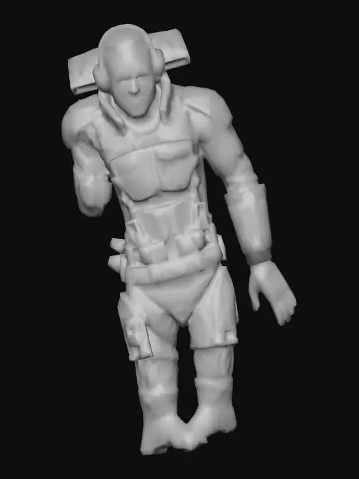 3D model for A very low-poly, realistic sci-fi human corpse of a male spaceship commander. Dark, gritty horror tone. Wearing a damaged futuristic command uniform with subtle insignia, torn fabric, exposed wiring and life-support. Body slightly slumped, lifeless pose. Muted colors, cold lighting, desaturated palette. Hard edges, simplified geometry, minimal surface detail. Game-ready asset, optimized topology, single mesh, no interior geometry. PBR friendly, realistic proportions, cinematic horror atmosphere.