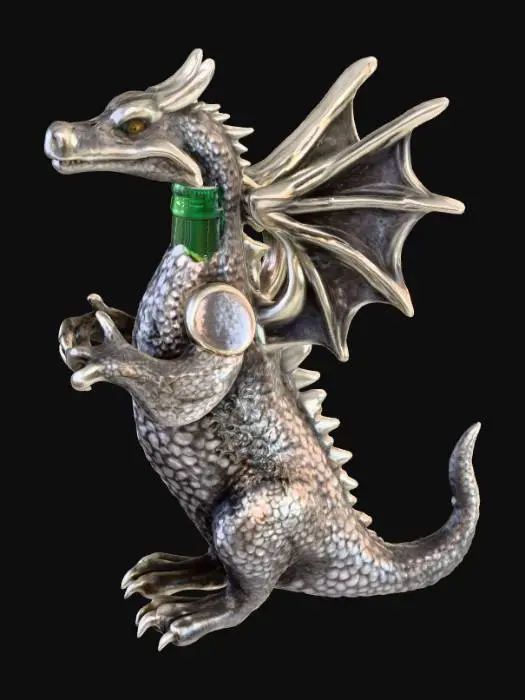 3D model for #Halloween2025#, A dragon-hatchling bottle holder, fashioned from metallic resin with an antique silver finish, subtly hinting at ancient lore. Its small, nascent wings are delicately unfurled, and its scaly body, featuring intricate textural patterns, provides a stable, weighty base. The dragon's head is tilted upwards, jaws open to embrace the bottle, creating a fantastical and regal display piece.