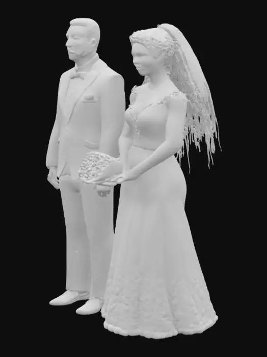 3D model for Create a stylized 3D model of a wedding couple standing side by side. The groom is wearing a classic black tuxedo with a white shirt and black bow tie. The bride is in a flowing white wedding gown with lace details, a veil, and holding a bouquet of roses. Both figures are smiling, holding hands. The scene should be elegant, with semi-realistic human proportions, clean mesh topology, and suitable for animation or posing. Output as a neutral T-pose if rigging is required