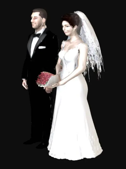 3D model for Create a stylized 3D model of a wedding couple standing side by side. The groom is wearing a classic black tuxedo with a white shirt and black bow tie. The bride is in a flowing white wedding gown with lace details, a veil, and holding a bouquet of roses. Both figures are smiling, holding hands. The scene should be elegant, with semi-realistic human proportions, clean mesh topology, and suitable for animation or posing. Output as a neutral T-pose if rigging is required