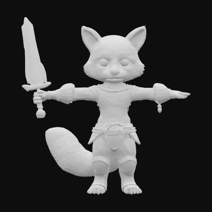 3D model for Humanoid raccoon figure, T-pose, very accurate and detailed. Intense, saturated and vivid colors. Figure illuminated with even hdr light, shadowless. short fluffy tail. #plushie# #fluffyfur#
Figure dressed in stylized, fairy-tale, steel armor, ornate and elegant, with engravings. and in the right hand holds a medium-length medieval sword decorated with runes and intricate filigree
#stylized# #cartoon# #metalic#