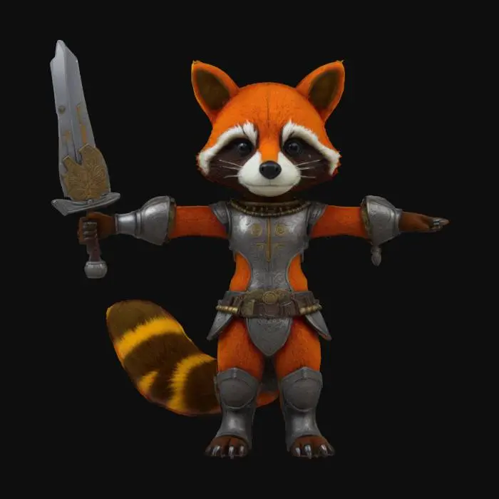 3D model for Humanoid raccoon figure, T-pose, very accurate and detailed. Intense, saturated and vivid colors. Figure illuminated with even hdr light, shadowless. short fluffy tail. #plushie# #fluffyfur#
Figure dressed in stylized, fairy-tale, steel armor, ornate and elegant, with engravings. and in the right hand holds a medium-length medieval sword decorated with runes and intricate filigree
#stylized# #cartoon# #metalic#
