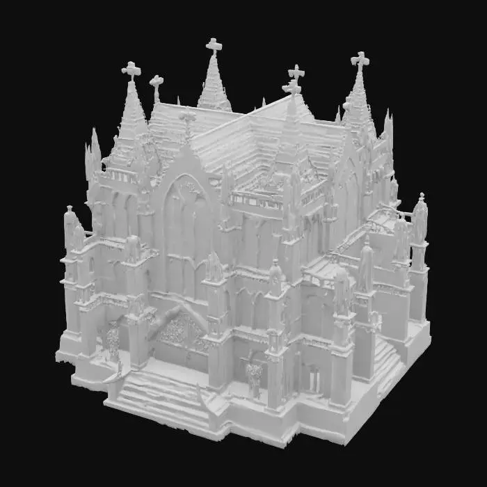 3D model for Create the largest cathedral in the world. Overall style: Gothic grandeur with Game of Thrones scale, classical proportions, realistic textures, irregular shapes and intricate detail. Structure: medieval stonework crafted from raw limestone blocks, weathered and chiseled to showcase ruggedness. Windows: stained glass panels featuring rich jewel-toned colors and complex Gothic tracery. Entry stairs: polished white marble steps, worn smooth by centuries of pilgrims, bordered by ornamental shining copper railings. Entrance doors: massive oak planks carved with detailed reliefs of figures and motifs. Façade: supported by tall stone buttresses and pointed arches, each block finely sculpted. Sculptures: marble statues draped in baroque robes with lifelike expressions accentuating solemn majesty