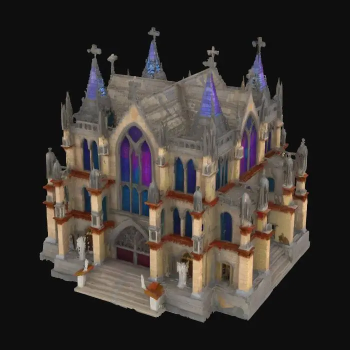 3D model for Create the largest cathedral in the world. Overall style: Gothic grandeur with Game of Thrones scale, classical proportions, realistic textures, irregular shapes and intricate detail. Structure: medieval stonework crafted from raw limestone blocks, weathered and chiseled to showcase ruggedness. Windows: stained glass panels featuring rich jewel-toned colors and complex Gothic tracery. Entry stairs: polished white marble steps, worn smooth by centuries of pilgrims, bordered by ornamental shining copper railings. Entrance doors: massive oak planks carved with detailed reliefs of figures and motifs. Façade: supported by tall stone buttresses and pointed arches, each block finely sculpted. Sculptures: marble statues draped in baroque robes with lifelike expressions accentuating solemn majesty
