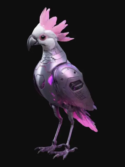 3D model for robot cockatoo with a base black carbon grey matte coloring and then pink and purple holographic highlights, Stylized, League of Legends style, Highly Detailed.