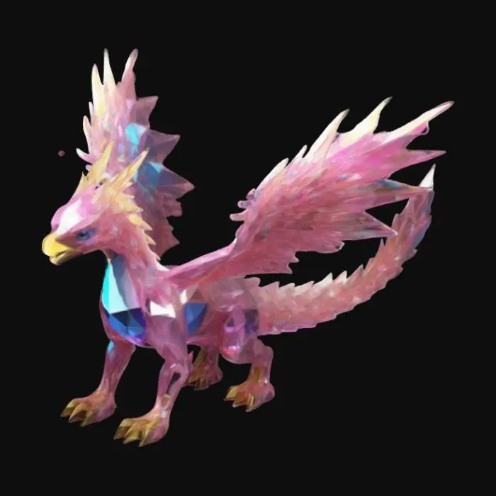 3D model for "Design a 3D model of a Zapdos-inspired creature made of faceted diamonds with sharp, angular wings and tail. The body and details should shimmer in a pink and blue holographic effect, with colors shifting smoothly to give a magical, crystalline appearance. Focus on creating sharp, dynamic features that emphasize the electric, otherworldly nature of the creature, resembling light refracting through a diamond." .