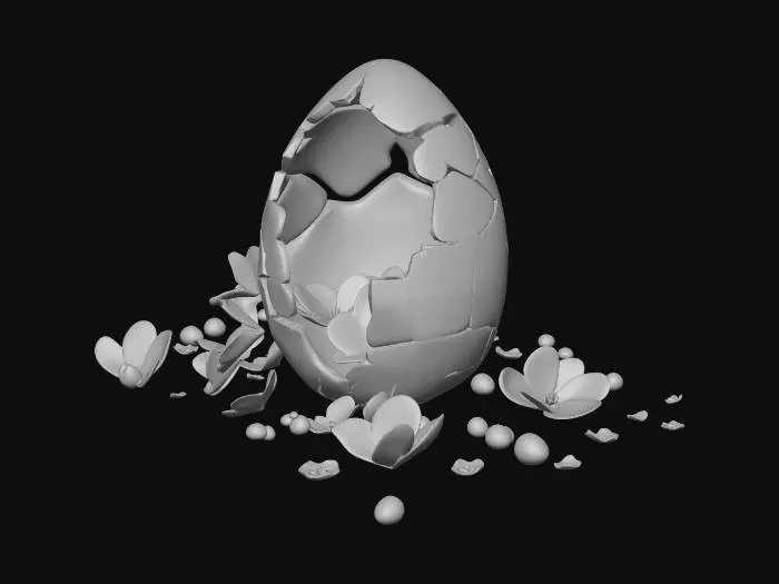 3D model for Highly detailed Easter egg, cosmic galaxy theme blending into spring nature, glowing cracks with light inside, soft pastel flowers on top, deep space with stars and nebula on bottom, cinematic lighting, ultra realistic, 3D render, high detail, magical atmosphere, #EasterEgg2026#