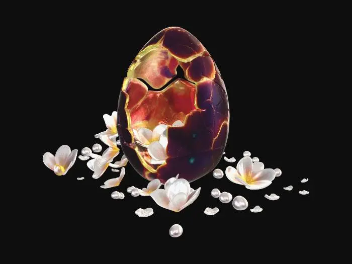 3D model for Highly detailed Easter egg, cosmic galaxy theme blending into spring nature, glowing cracks with light inside, soft pastel flowers on top, deep space with stars and nebula on bottom, cinematic lighting, ultra realistic, 3D render, high detail, magical atmosphere, #EasterEgg2026#