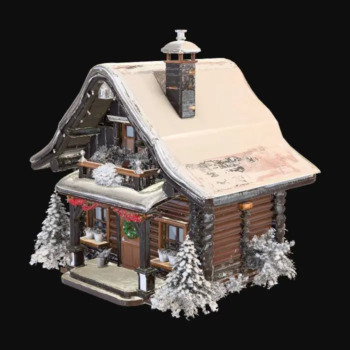 3D model for A snow covered, winter and Christmas themed village long motel lodge with lights on, cozy aesthetic, ultra realistic, hyperrealistic, rustic colors, no ground only house