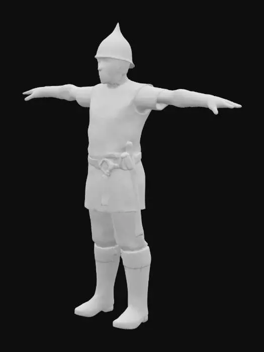3D model for Create a stylized 3D model of a medieval foot soldier in a clean T-pose. He wears a conical steel helmet with a short brim, a thick brown padded vest with vertical stitching over a short-sleeved mail shirt, and a fabric belt. He has brown padded trousers and sturdy leather boots. The character has realistic human proportions, with natural head and hand size. Arms are extended horizontally, fingers fully separated and visible, and legs spread in an inverted V shape to avoid contact. No weapons or shield. Use stylized hand-painted textures with soft shading, clean mesh, and game-ready topology.