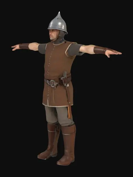 3D model for Create a stylized 3D model of a medieval foot soldier in a clean T-pose. He wears a conical steel helmet with a short brim, a thick brown padded vest with vertical stitching over a short-sleeved mail shirt, and a fabric belt. He has brown padded trousers and sturdy leather boots. The character has realistic human proportions, with natural head and hand size. Arms are extended horizontally, fingers fully separated and visible, and legs spread in an inverted V shape to avoid contact. No weapons or shield. Use stylized hand-painted textures with soft shading, clean mesh, and game-ready topology.