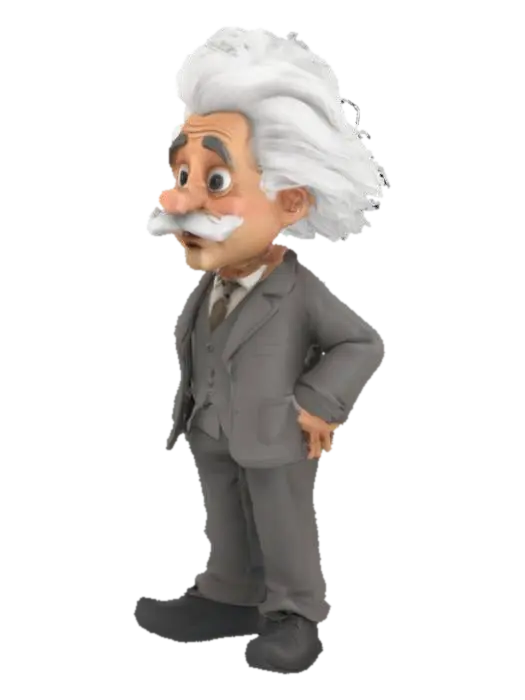 A-friendly-stylized-3D-character-resembling-Albert-Einstein-with-wild-white-hair-t… - Professor 3D model, vytvořený pomocí AI