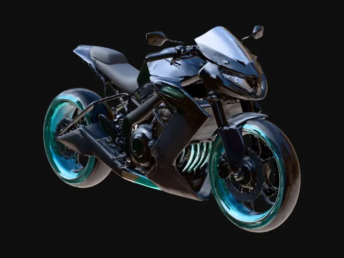 3D model for Ultra-futuristic sci-fi motorcycle inspired by TRON light cycles, sleek aerodynamic design, elongated body, fully enclosed wheels with glowing energy rims, neon light trails integrated into the chassis, high-tech metallic surfaces with smooth reflective panels, sharp geometric lines, minimalistic but aggressive silhouette. Glowing cyan and blue energy circuits running along the frame, transparent energy fairings, holographic dashboard, futuristic suspension hidden inside the body. Designed for a cyberpunk digital world, cinematic, high-detail, hard-surface model, realistic proportions, clean topology, game-ready, PBR materials, ultra-high tech aesthetic.
