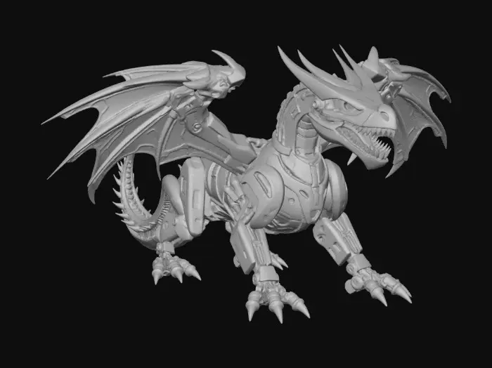 3D model for Ultra-futuristic robotic dragon, massive and majestic, biomechanical design blending advanced robotics with dragon anatomy, segmented titanium and carbon-fiber armor plates, exposed high-tech joints and actuators, glowing energy cores embedded in the chest and wings, sharp angular head with luminous optical sensors for eyes. Mechanical wings with articulated panels, energy-powered thrusters along the wing edges, tail composed of modular segments with integrated plasma conduits. Neon energy circuits running across the body, holographic scales, sci-fi metallic surfaces with subtle wear, cinematic lighting, intimidating presence. Hard-surface sci-fi model, high detail, realistic proportions, clean topology, game-ready, PBR materials, ultra-advanced technology aesthetic.