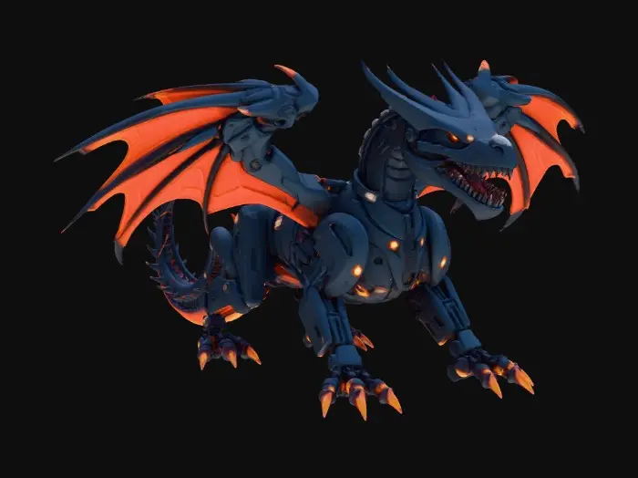 3D model for Ultra-futuristic robotic dragon, massive and majestic, biomechanical design blending advanced robotics with dragon anatomy, segmented titanium and carbon-fiber armor plates, exposed high-tech joints and actuators, glowing energy cores embedded in the chest and wings, sharp angular head with luminous optical sensors for eyes. Mechanical wings with articulated panels, energy-powered thrusters along the wing edges, tail composed of modular segments with integrated plasma conduits. Neon energy circuits running across the body, holographic scales, sci-fi metallic surfaces with subtle wear, cinematic lighting, intimidating presence. Hard-surface sci-fi model, high detail, realistic proportions, clean topology, game-ready, PBR materials, ultra-advanced technology aesthetic.