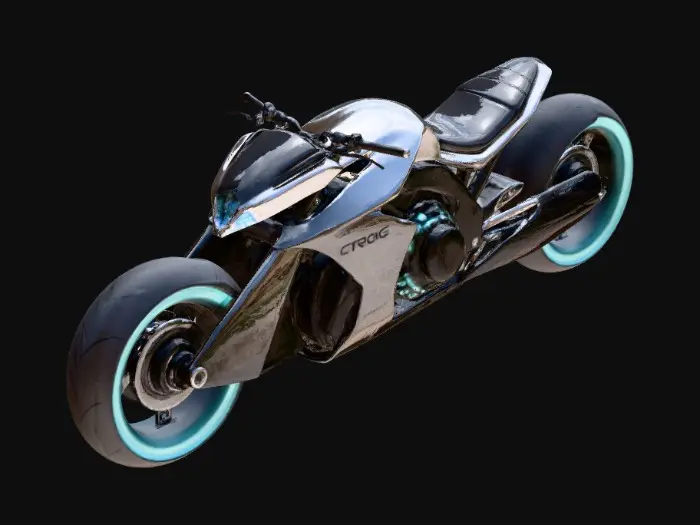 3D model for Ultra-futuristic sci-fi motorcycle inspired by TRON light cycles, sleek aerodynamic design, elongated body, fully enclosed wheels with glowing energy rims, neon light trails integrated into the chassis, high-tech metallic surfaces with smooth reflective panels, sharp geometric lines, minimalistic but aggressive silhouette. Glowing cyan and blue energy circuits running along the frame, transparent energy fairings, holographic dashboard, futuristic suspension hidden inside the body. Designed for a cyberpunk digital world, cinematic, high-detail, hard-surface model, realistic proportions, clean topology, game-ready, PBR materials, ultra-high tech aesthetic.