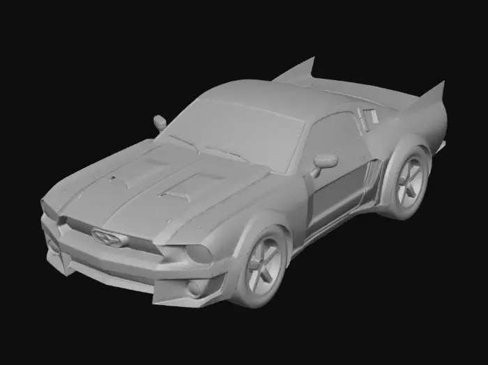 3D model for Futuristic flying car inspired by classic Ford Mustang design. Aggressive muscular body, long hood silhouette, wide stance, fastback rear profile. Smooth aerodynamic surfaces blended with sharp performance lines.
Front features a Mustang-style grille and headlights, adapted for a sci-fi aircraft. Rear has integrated jet thrusters instead of exhaust pipes. Wings or stabilizer fins are compact and flush-mounted into the body (no thin parts).
Vehicle designed as a single unified hard-surface mesh, symmetrical, centered at origin, realistic scale. Solid geometry with consistent thickness, no floating or intersecting parts.
Physically based materials (PBR): painted metal body, subtle wear, glass canopy cockpit, metallic engine parts. Clean topology, quad-dominant where possible, engine-ready.