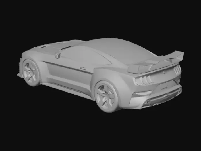 3D model for Futuristic flying car inspired by classic Ford Mustang design. Aggressive muscular body, long hood silhouette, wide stance, fastback rear profile. Smooth aerodynamic surfaces blended with sharp performance lines.
Front features a Mustang-style grille and headlights, adapted for a sci-fi aircraft. Rear has integrated jet thrusters instead of exhaust pipes. Wings or stabilizer fins are compact and flush-mounted into the body (no thin parts).
Vehicle designed as a single unified hard-surface mesh, symmetrical, centered at origin, realistic scale. Solid geometry with consistent thickness, no floating or intersecting parts.
Physically based materials (PBR): painted metal body, subtle wear, glass canopy cockpit, metallic engine parts. Clean topology, quad-dominant where possible, engine-ready.